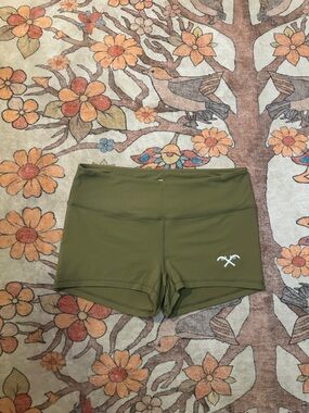 SPANX Olive High-Rise Bike Shorts with White Logo